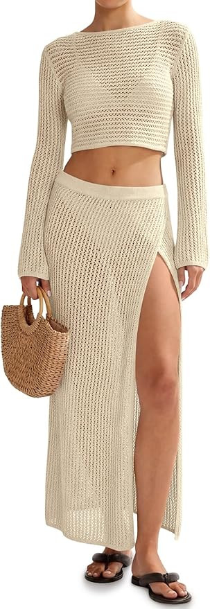 Saodimallsu Womens Crochet Beach Cover Ups Set 2 Piece 2026 Boat Neck Crop Long Sleeve Tops High ... | Amazon (US)