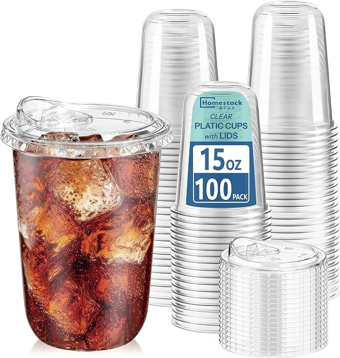 Homestockplus 15 oz Clear Plastic Cups with Lids (100 Pack) - Strawless Sip Lids, Leak-Proof & BP... | Amazon (US)