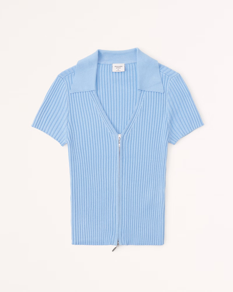 Women's Short-Sleeve Zip Collar Cardigan | Women's | Abercrombie.com | Abercrombie & Fitch (US)