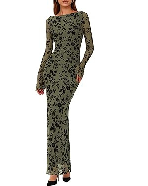 PRETTYGARDEN Women's Floral Bodycon Maxi Dress 2025 Fall Elegant Mesh Long Sleeve Formal Wedding ... | Amazon (US)