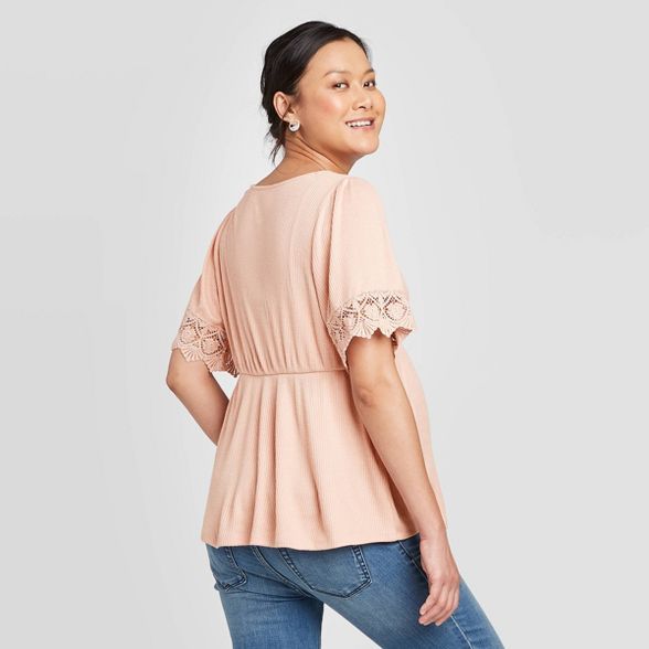 Maternity Flutter Short Sleeve Rib Lace Top - Isabel Maternity by Ingrid & Isabel™ Coral | Target