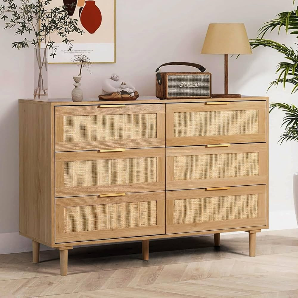 6 Drawer Dresser Rattan Dresser Modern Chest with Drawers,Wood Storage Closet Dressers Chest of D... | Amazon (US)