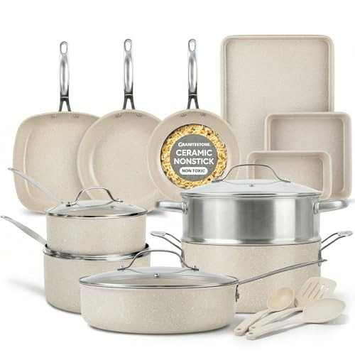 Granitestone Ceraluxe 20 Pc Ceramic Cookware Set Nonstick, Complete Pots and Pans Set Non Stick for Kitchen with Bakeware, Utensils & Steamer, Non Toxic Made Without PFOA PFOS, Oven & Dishwasher Safe | Amazon (US)