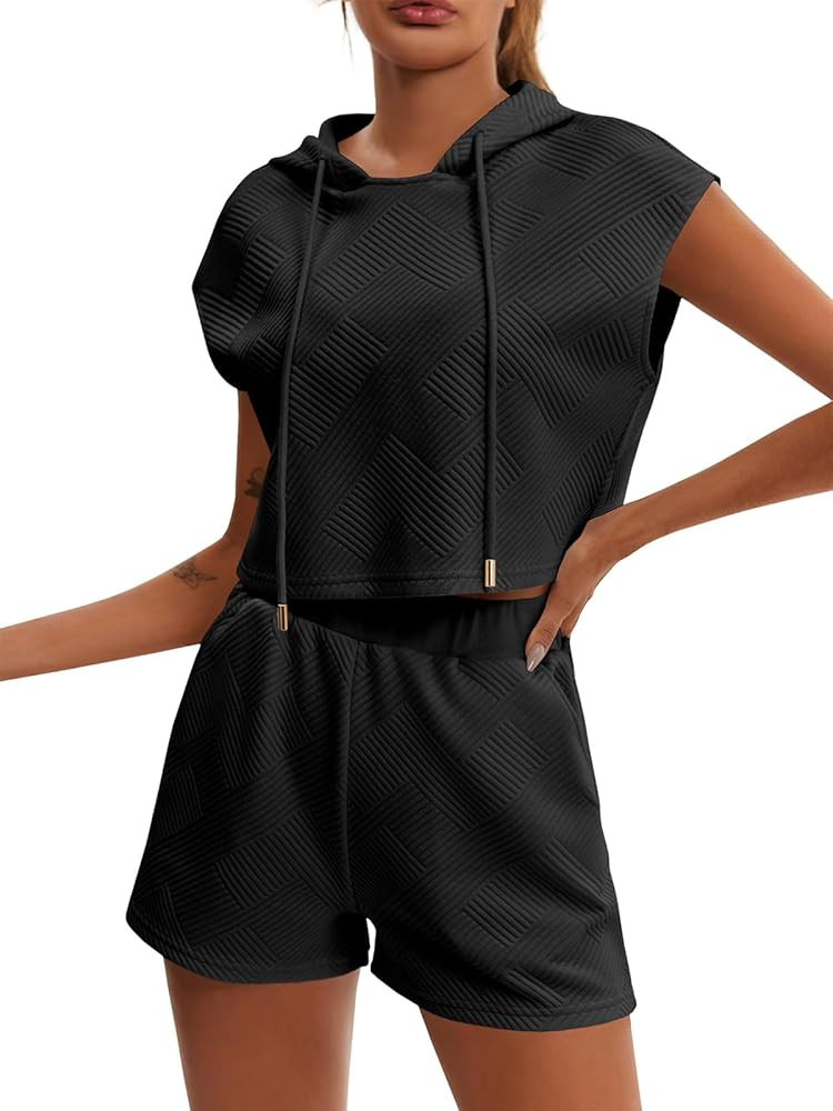 Fisoew Womens 2 Piece Outfits Workout Sweatsuits Summer Cap Sleeve Hoodie Crop Tops and Shorts Se... | Amazon (US)
