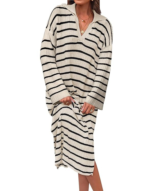 ZESICA Women’s Fall Striped Sweater Dresses 2024 Casual Long Sleeve Lapel V Neck Knit Side Slit... | Amazon (US)