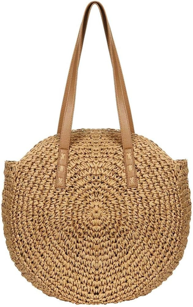 Women's Straw Handbags Large Summer Beach Tote Woven Round Pompom Handle Shoulder Bag | Amazon (US)