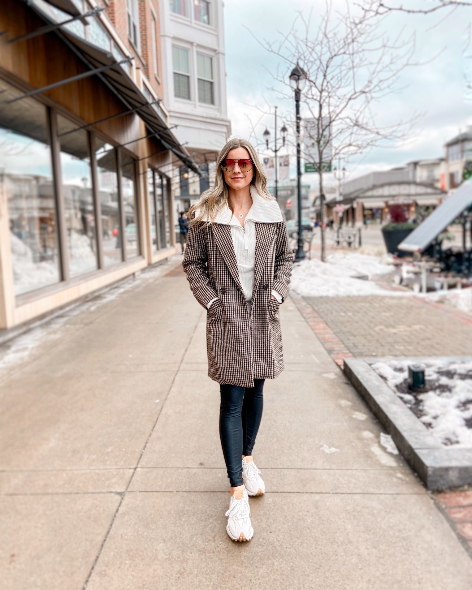 Houndstooth Check Blazer-Coat with Half-Zip Oversized Collar Sweater (Varley Dupe), Faux Leather Leggings, New Balance Sneakers, Quay Aviator Sunglasses

Blazer-Coat is on sale 50% off

#LTKstyletip #LTKsalealert #LTKunder100