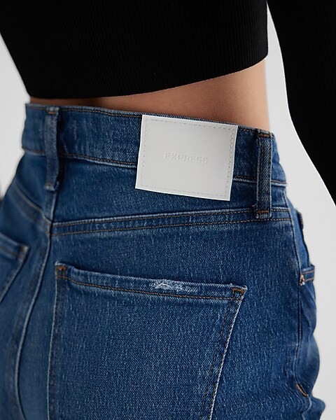 High Waisted Dark Wash Ripped Raw Hem Wide Leg Jeans | Express