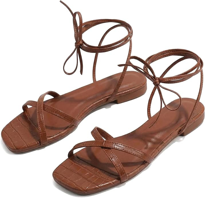 Strappy Flats Sandals for Women Comfortable Square Toe Lace Up Slides Beach Gladiator Wrap Sandal... | Amazon (US)