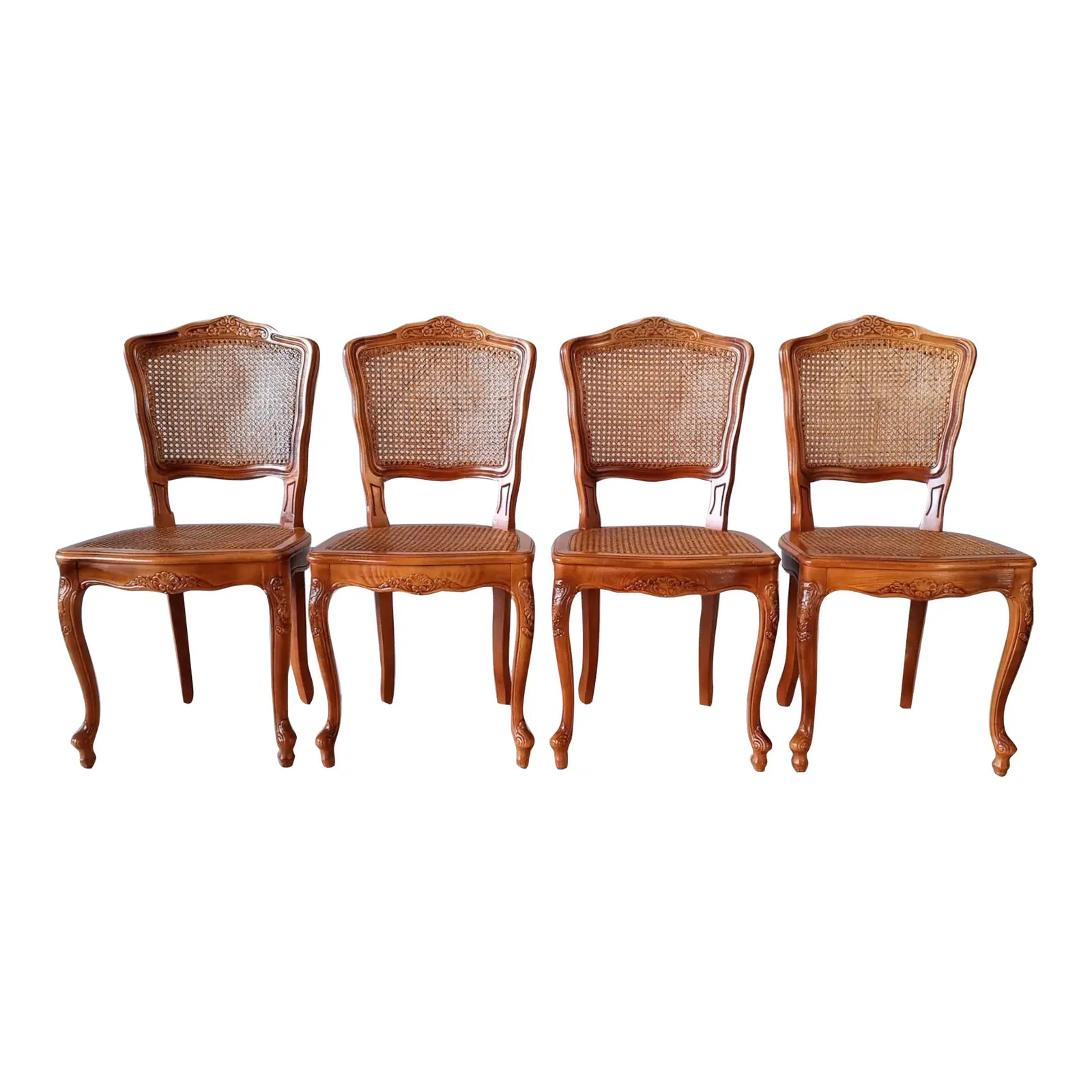 Vintage French Provincial Louis XV Style Carved Solid Wood & Cane Dining Chairs - Set of 4 | Chairish
