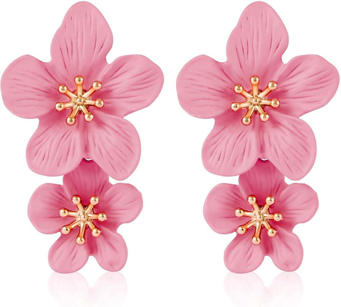 Double Flower Earrings - 3D Floral Dangle Boho Chic Wild Flower Earrings for Women & Girls - Wedd... | Amazon (US)