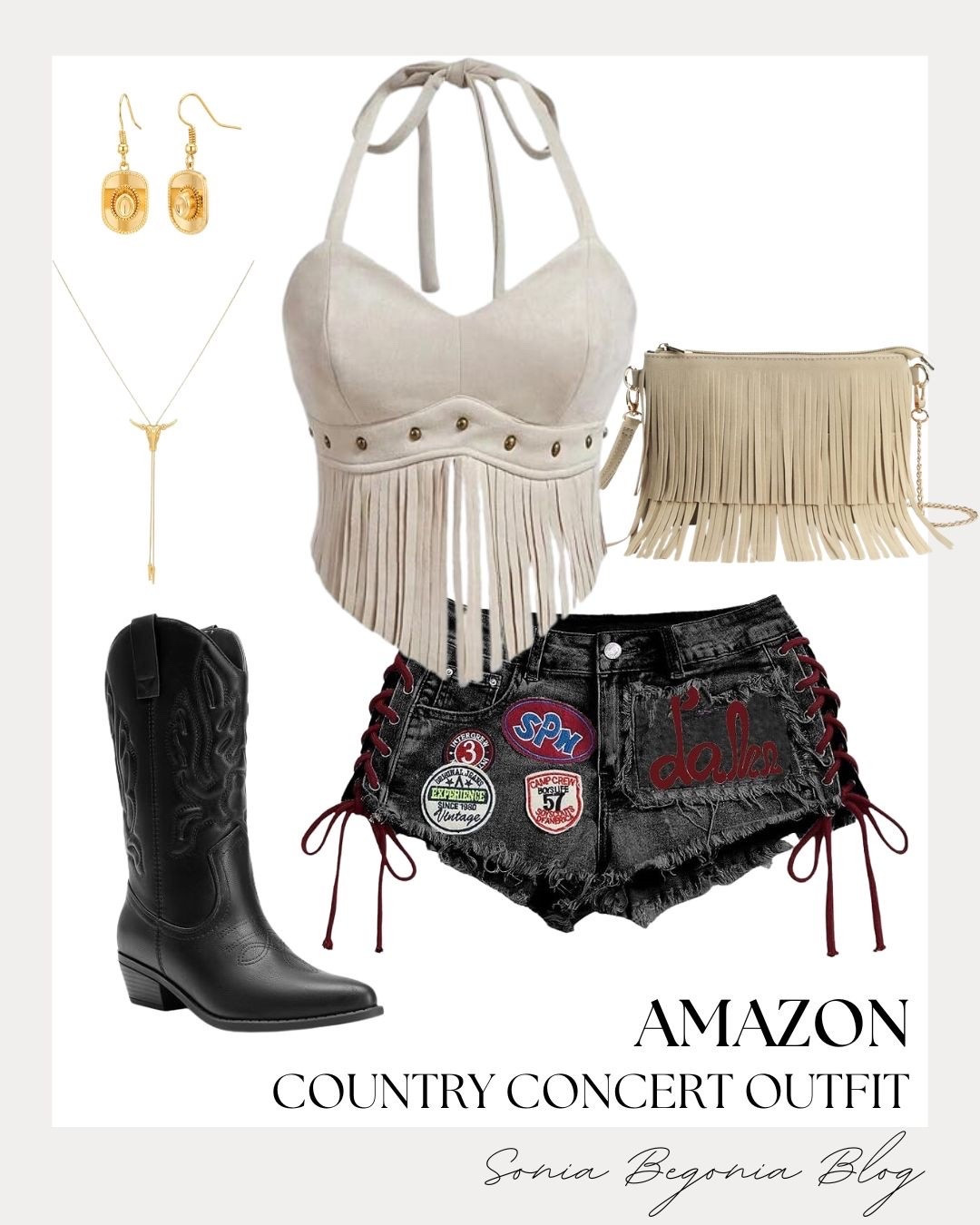 I’m loving this Amazon country concert outfit! 🤠

Styling a beige fringe halter crop top with patch-accented lace-up denim shorts, black cowboy boots, a fringe crossbody bag, and Western jewelry creates the ultimate edgy look. ✨

#LTKstyletip #LTKfit #LTKunder50 #LTKshoecrush #AmazonFashion #CountryConcertOutfit #WesternStyle #CowgirlBoots #ConcertInspo #FestivalLook

#LTKootd