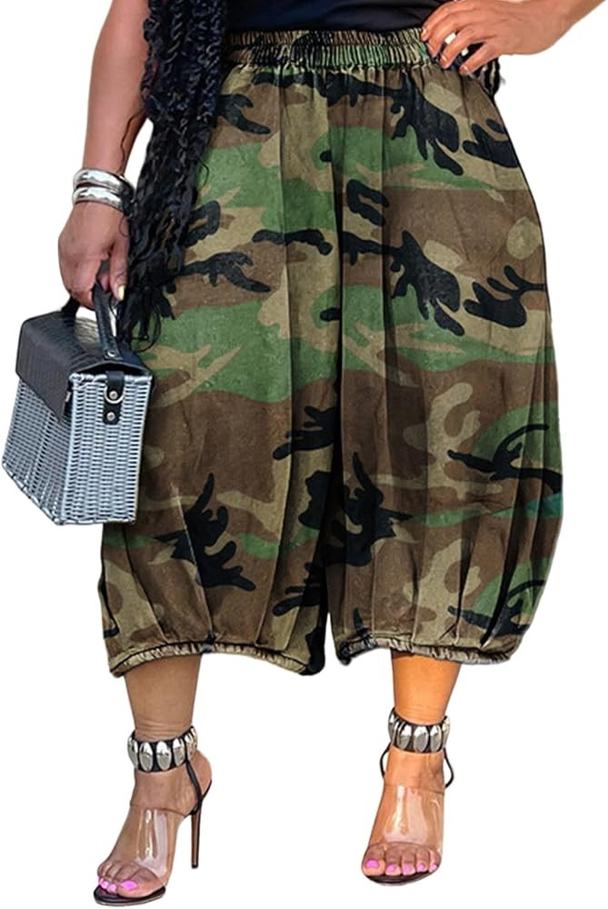 Baggy Jeans Barrel Cropped High Elastic Waist Denim Pants Camo Jorts Capri | Amazon (US)
