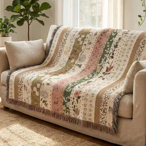 Vintage Floral Woven Cotton Throw Blanket, Cottagecore Home Decor, Quilt Stripe Blanket, Boho Col... | Etsy (Global)