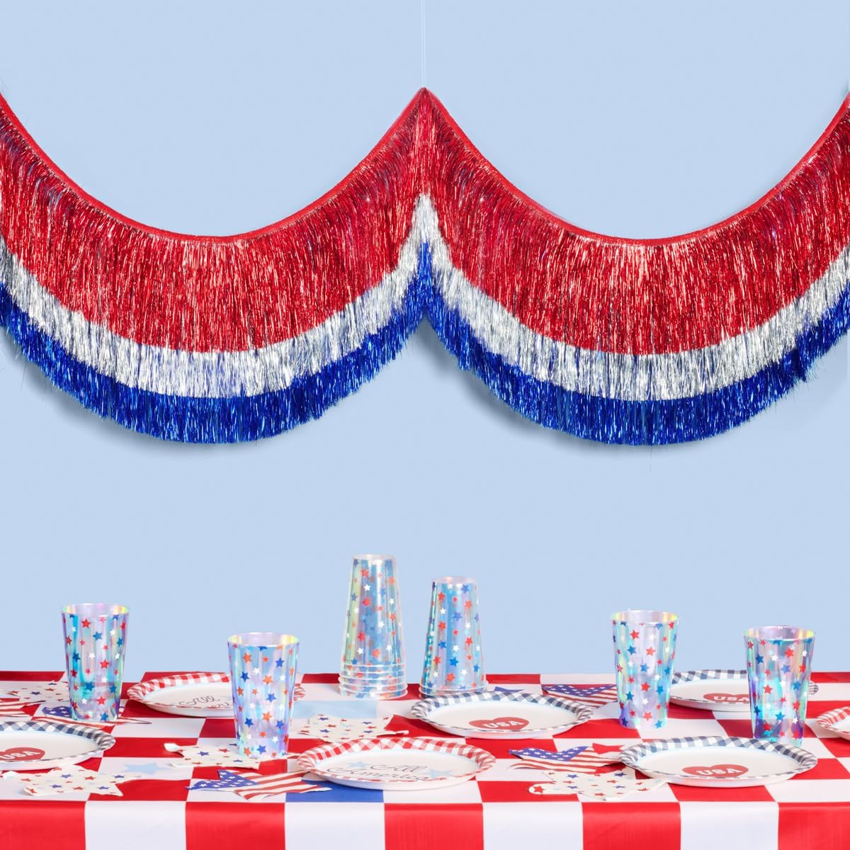 Amazon.com: xo, Fetti Red, Silver + Blue Layered Fringe Banner - 6 Ft. | 4th of July Decorations,... | Amazon (US)