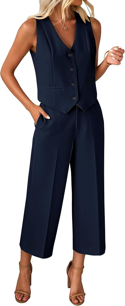 luvamia Pant Suits for Women Dressy Casual 2 Piece Sets Sleeveless Blazer Vest with Wide Leg Capr... | Amazon (US)