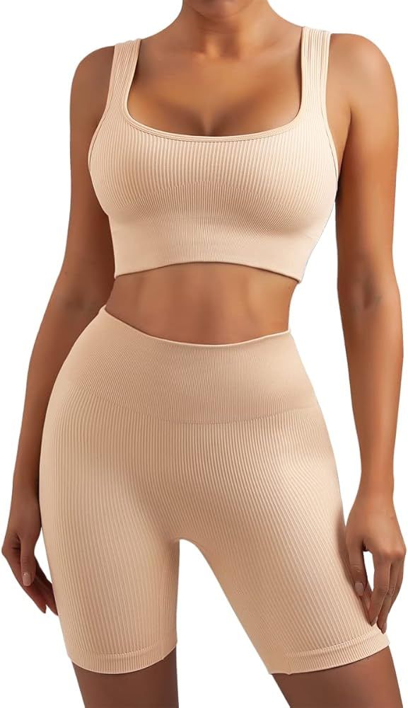 EUYZOU Womens Ribbed Two Pieces Workout Set Outfits, Seamless Crop Top High Waist Sports Shorts Set  | Amazon (US)