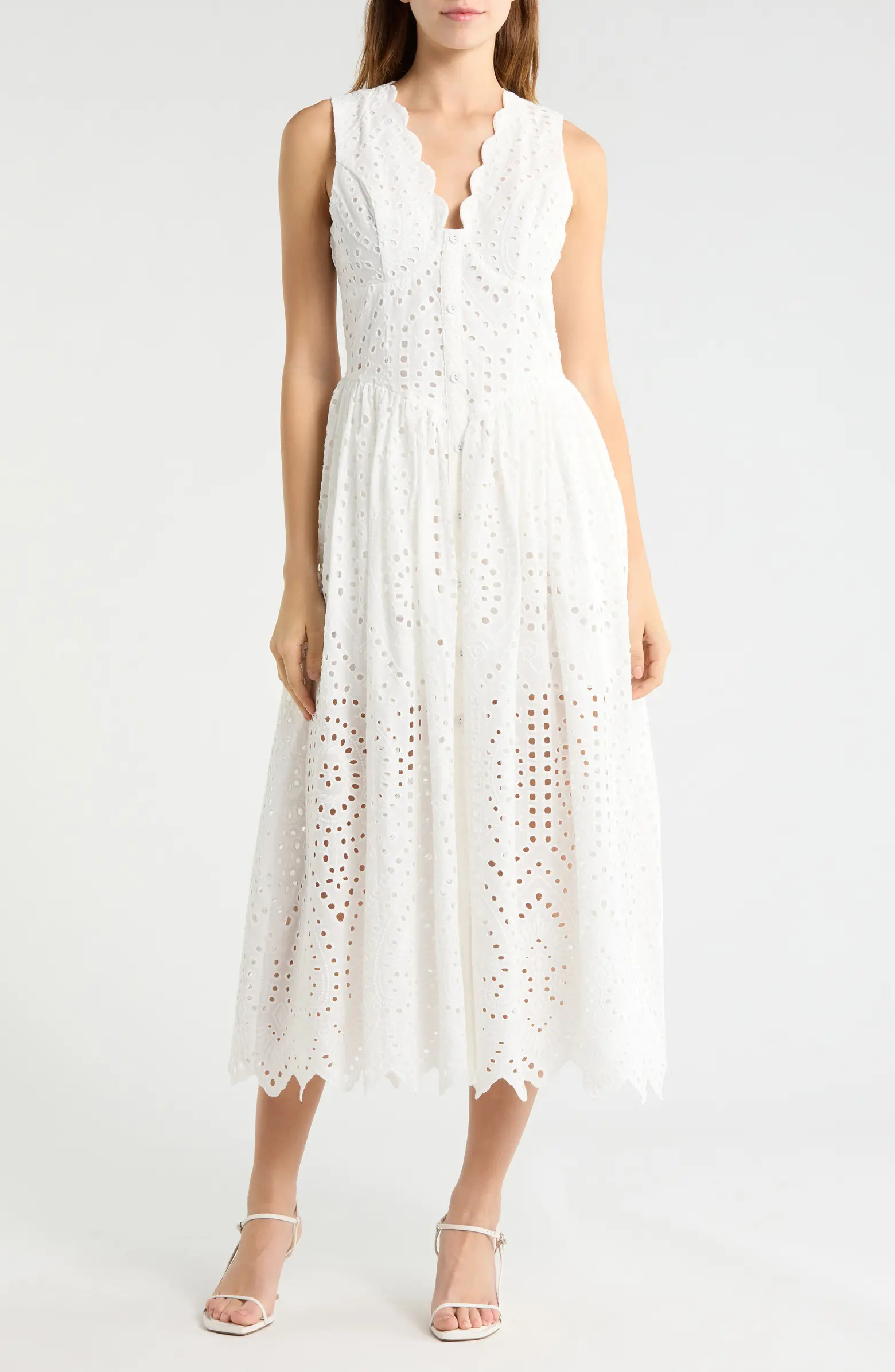 Scallop Neck Cotton Eyelet Midi Dress | Nordstrom