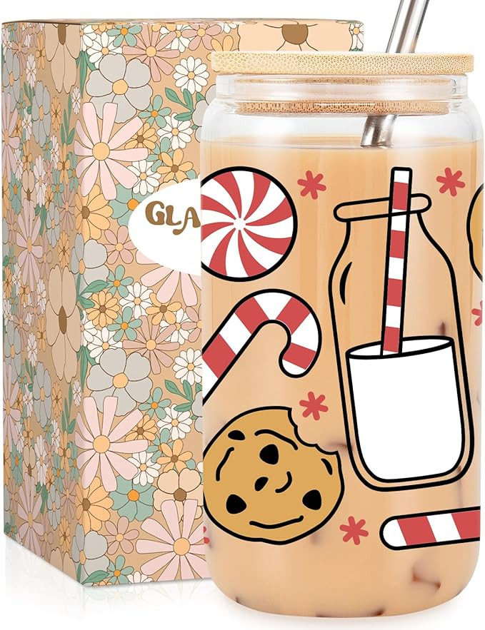 Fairy's Gift Christmas Cookies Glass Cup w/Straw Lid - Christmas Cups with Lids Straws, Glass Cof... | Amazon (US)