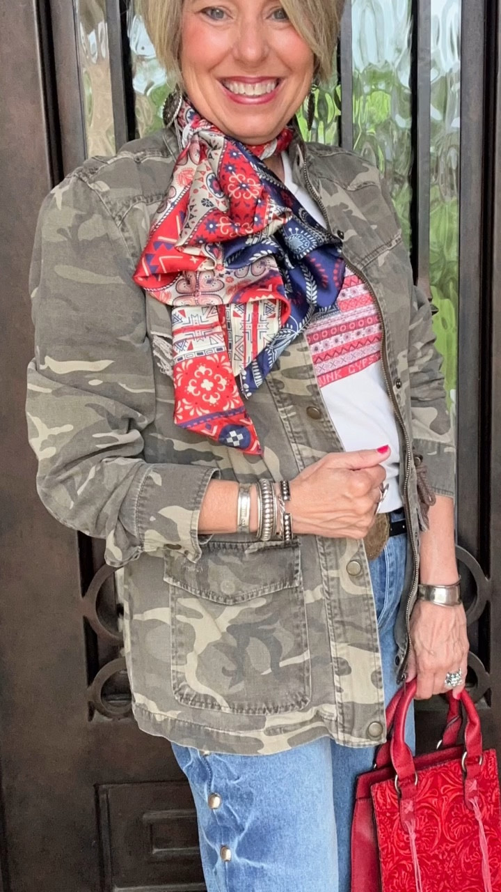Day 2 of styling the embellished jeans everyone loved yesterday! Today,  I’m proving they’re not a one hit wonder.

This time I styled them with my favorite camo field jacket, a pop of red, white & blue, and a matching scarf because basics are fine, but personality is better. 

If you think embellished jeans are “too much,” let this be your sign to try them. They do all the work so you don’t have to.



 #SpringStyle #StyleOver50 #springtrends #fashionover50 #wardrobetips

#LTKootd #LTKOver40 #LTKgrwm