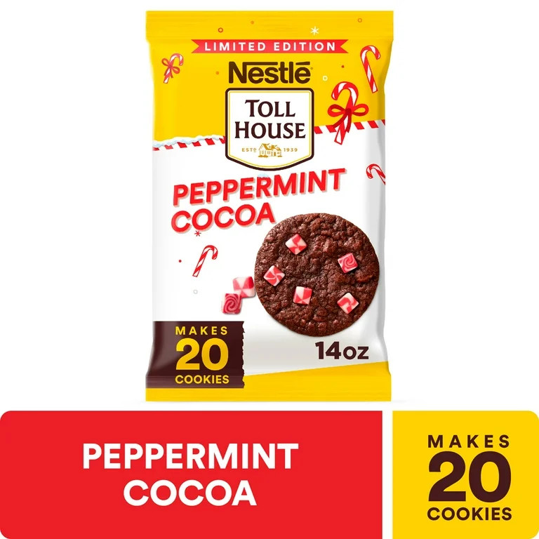 Nestle Toll House Peppermint Cocoa Cookie Dough, Red & White Peppermint Chunks, 20 Cookies 14 oz | Walmart (US)