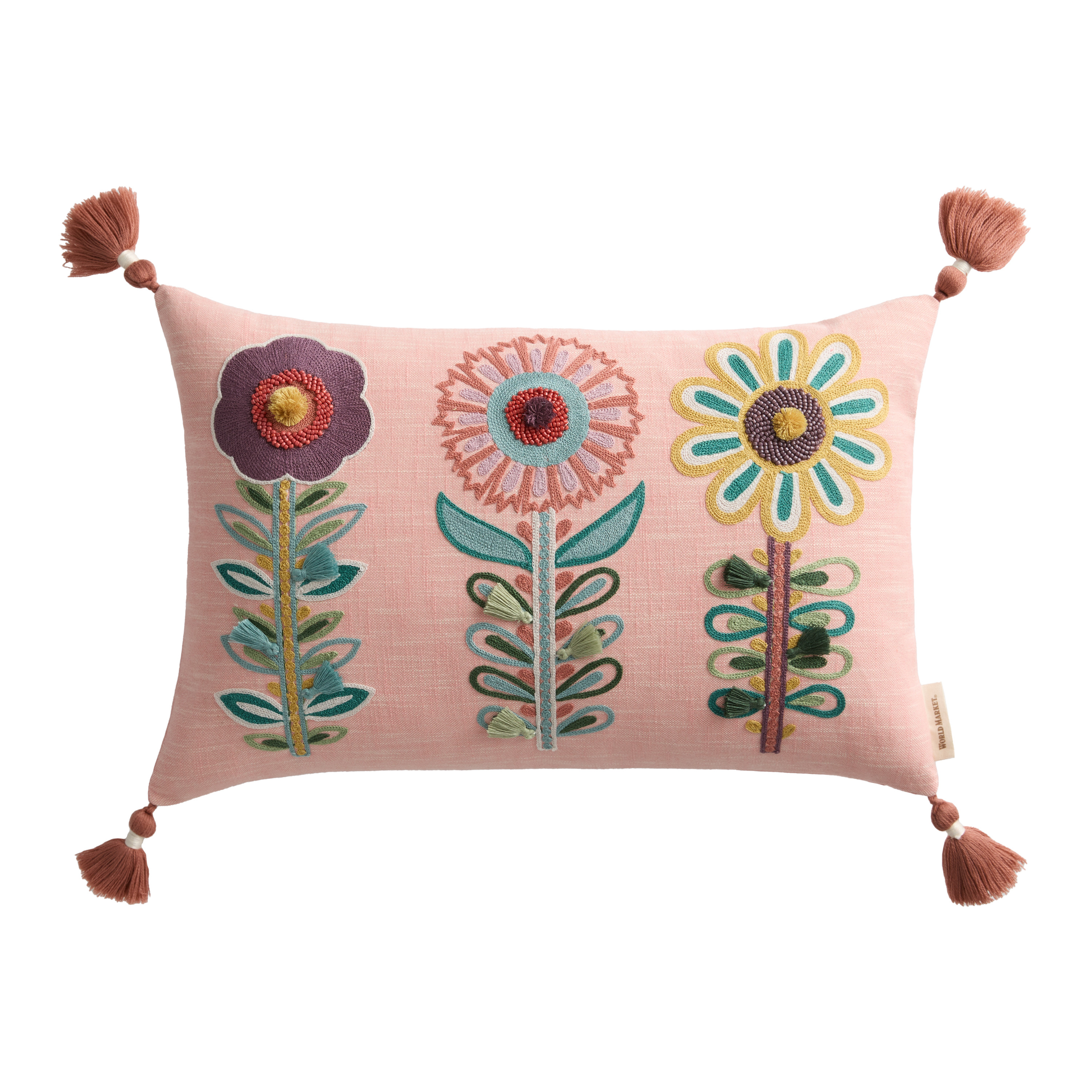 Pink Scandi Floral Beaded Embroidered Lumbar Pillow | World Market