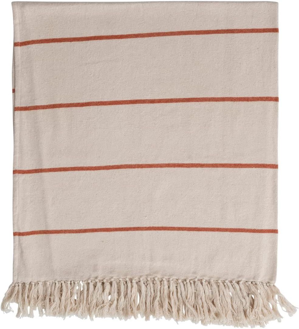 Cotton Flannel Striped Throw Blanket with Fringe, Cream and Rust | Amazon (US)