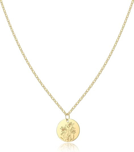 Birth Flower Necklace, 14K Gold Plated Floral Pendant Necklaces for Women, Simple Dainty Birth Mo... | Amazon (US)