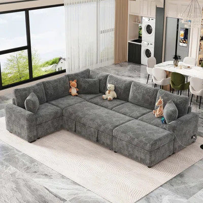 112.2" Sectional Sofa Pull-out Sofa Bed Sleeper with a Storage Ottoman,Three Pillows and Charging Devices for Living Room | Wayfair North America