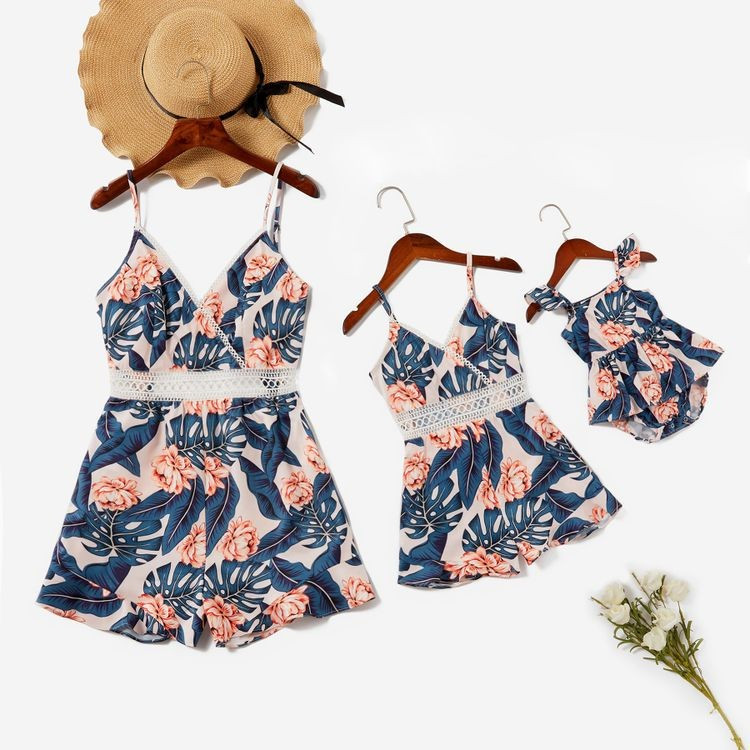 Floral Print Stitching Lace Side Matching Sling Shorts Rompers | PatPat