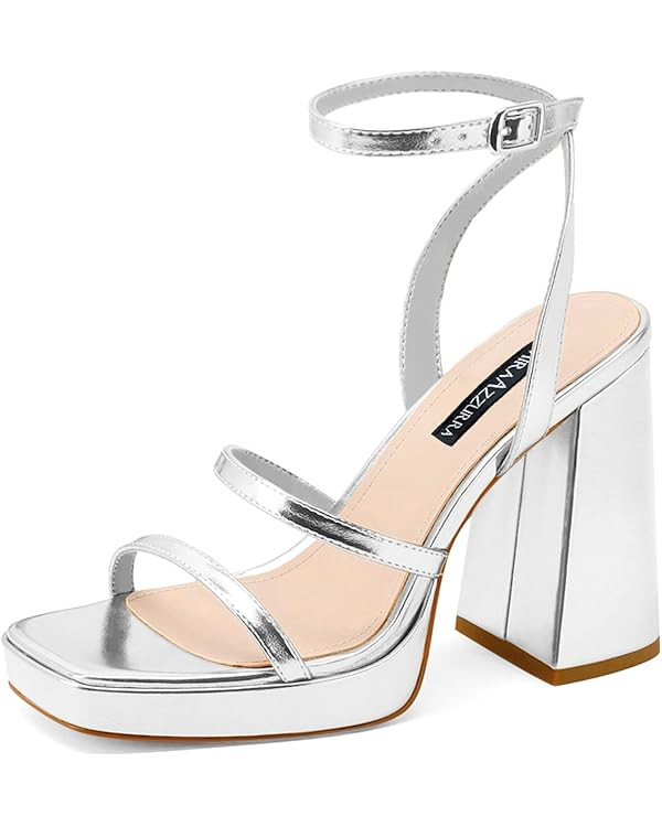 MIRAAZZURRA Platform Strappy Heel Sandals Square Open Toe Two Strap Chunky High Heeled Sandals wi... | Amazon (US)