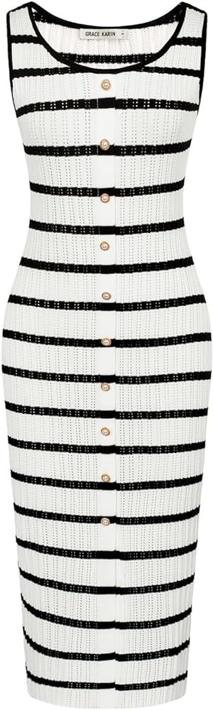 GRACE KARIN 2024 Women's Summer Midi Dresses Sleeveless Hollow Out Crochet Sweater Knit Dress Fro... | Amazon (US)