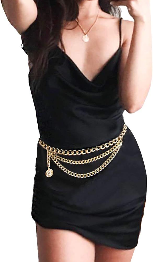 Women Trendy Multilayer Metal Link Waist Chain Waist Belt Long Tassel Belly Chains Waistbands Bod... | Amazon (US)