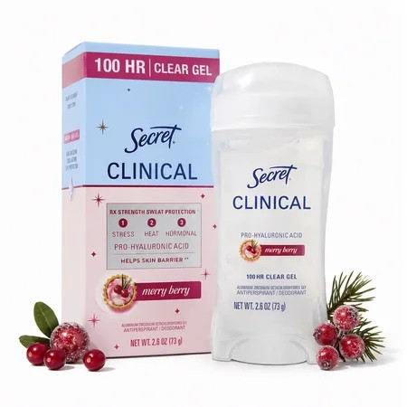 Secret 100HR Holiday Clinical Antiperspirant Deodorant for Women, Pro-Hyaluronic Acid, Clear Gel, Merry Berry, 2.6 oz | Walmart (US)