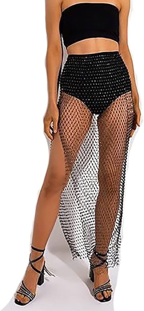 Sparkly See Through Mesh Dress Black Rhinestone Fishnet Split Skirt Bikini Nightclub Body Jewelry... | Amazon (US)