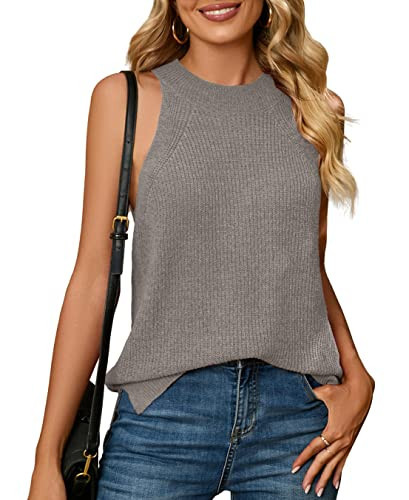 Bettysays Halter Tops for Women Knit Summer Sweater Fashion Tanks(X-Large,Light Gray) | Amazon (US)