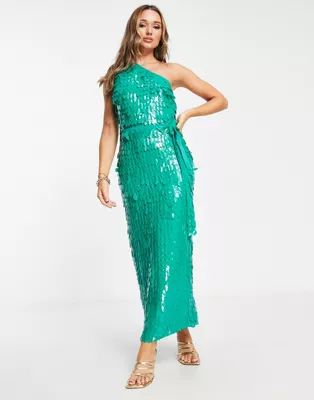 ASOS DESIGN all over feather embellished maxi dress in green | ASOS (Global)
