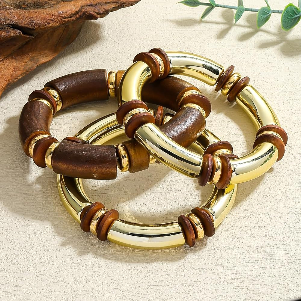 3 Pcs Wood Bamboo Resin Stacking Bangle Set for Men Women, Stretchable Bracelet Set Lightweight S... | Amazon (US)