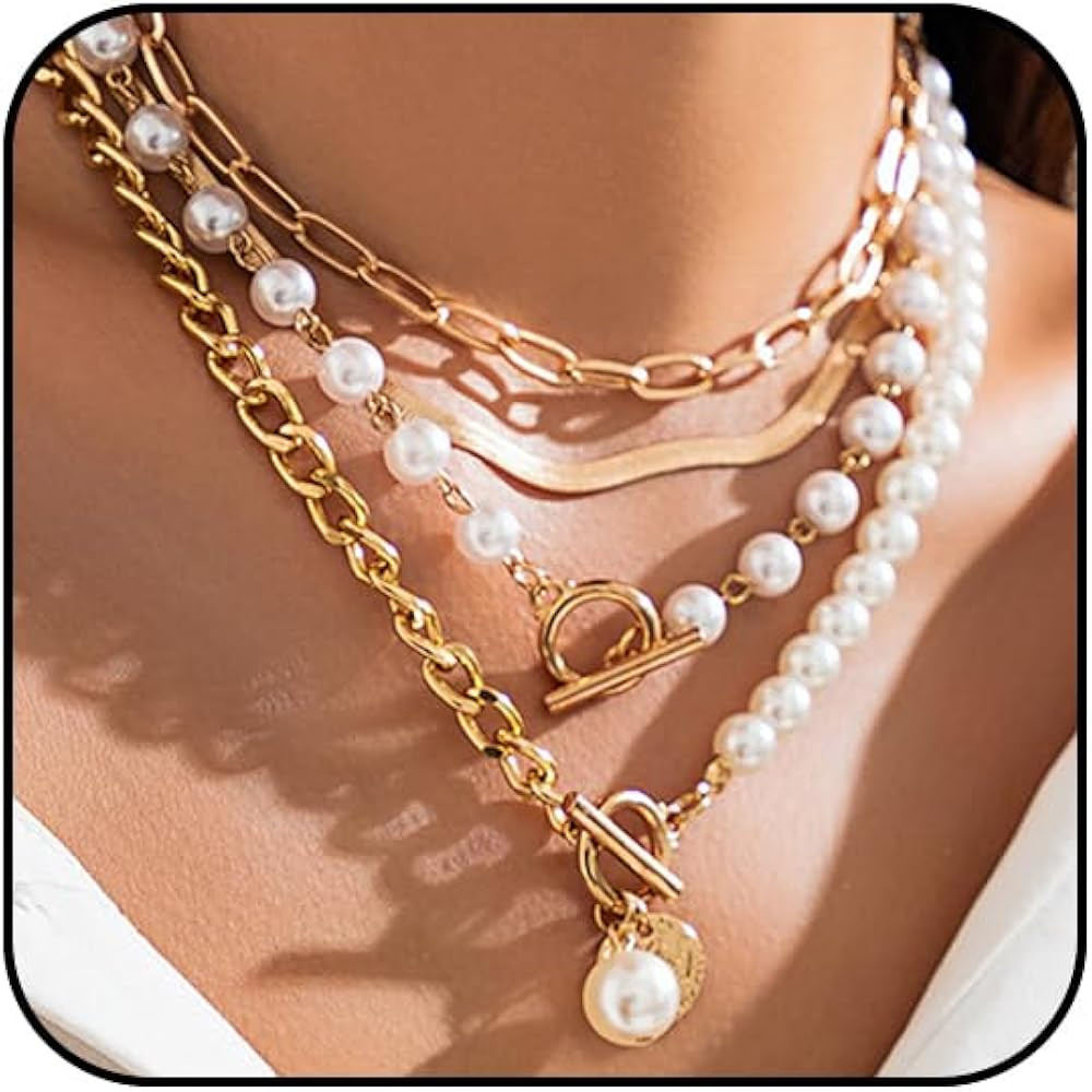 Gold Layered Chunky Necklace for Women Paperclip Chain Pearl Necklace Herringbone Necklace Gold C... | Amazon (US)
