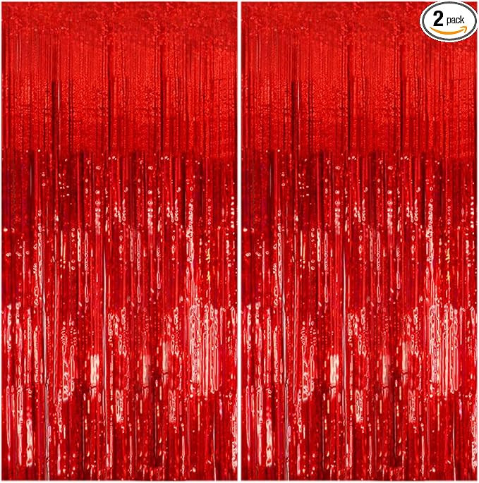 2 Pack Foil Curtain Backdrop Red Metallic Tinsel Foil Fringe Curtains Photo Booth Props for Birth... | Amazon (US)