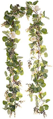 Eucalyptus Garland 6.5 feet-Green Leaves with White Flowers-Greenery Garland-Leaf Garland-Garland... | Amazon (US)