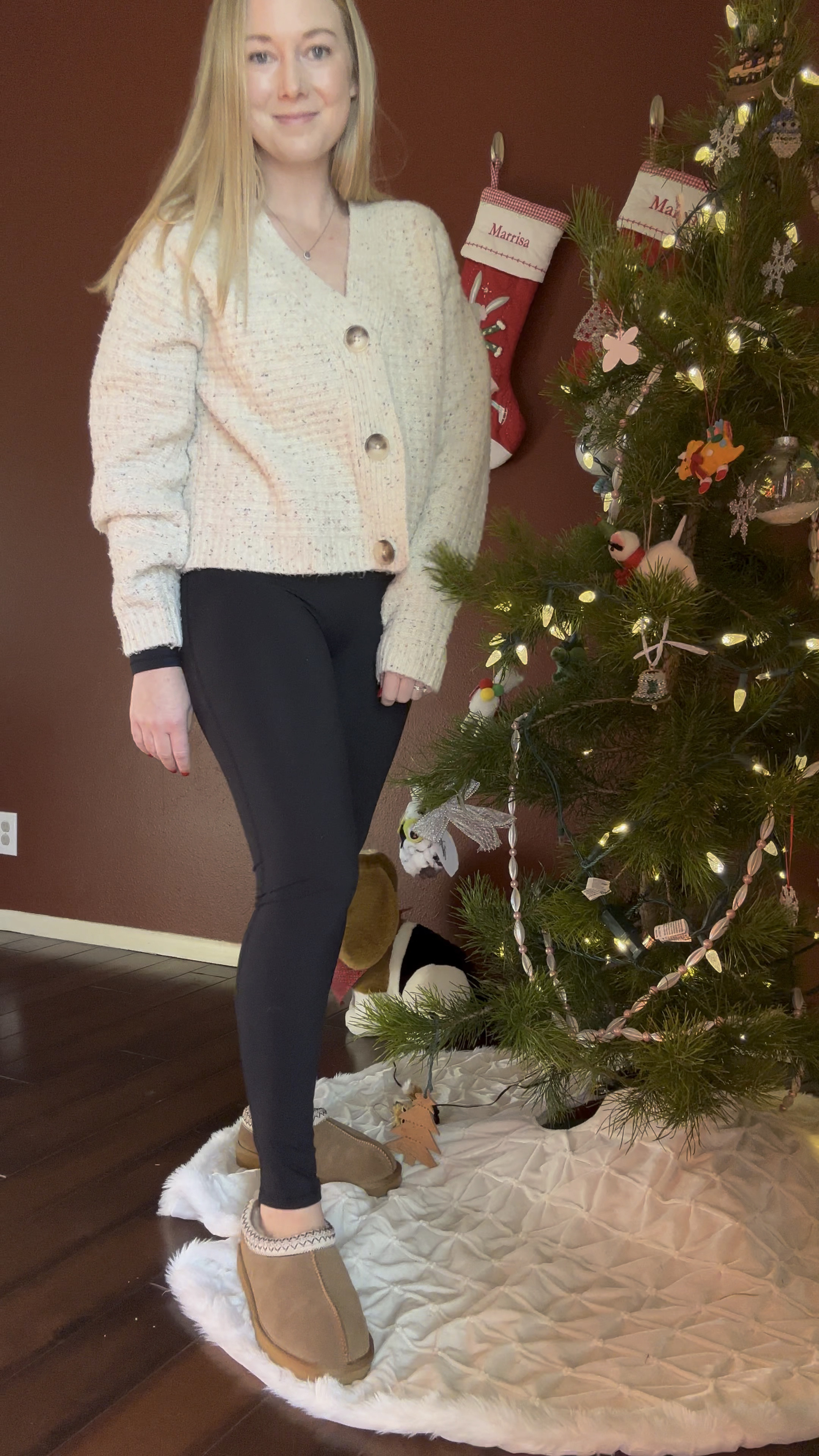 Cashmere like cardigan, jumpsuit, Australian shearling clog slippers. 

#LTKfindsunder100 #LTKVideo #LTKGiftGuide