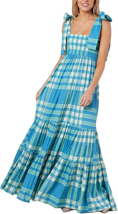 Women Boho Tie Shoulder Dress Y2k Floral Smocked Long Flowy Dresses Cute Summer Beach Spaghetti S... | Amazon (US)