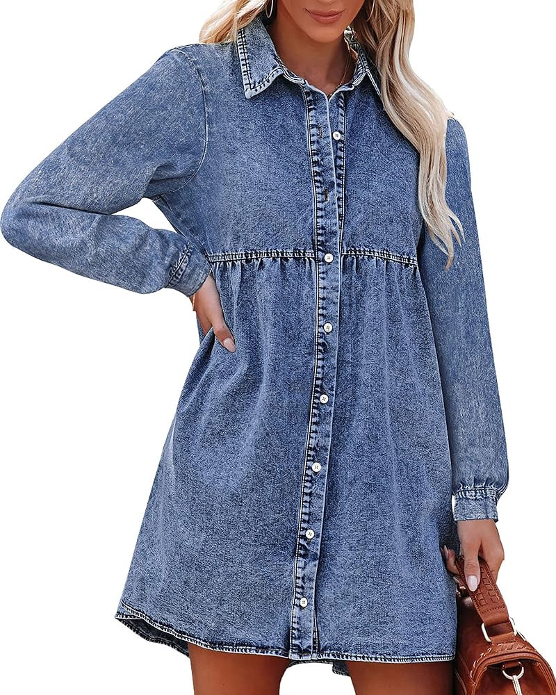 luvamia Denim Dress for Women Babydoll Flowy Cute Jean Shirt Dresses Long Sleeves | Amazon (US)