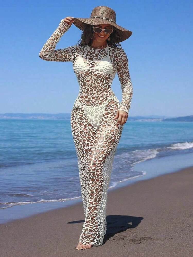 Women's Summer Beach Solid Color Halter Tie Sexy Bikini Swimsuit Set With Cover Up Dress | SHEIN