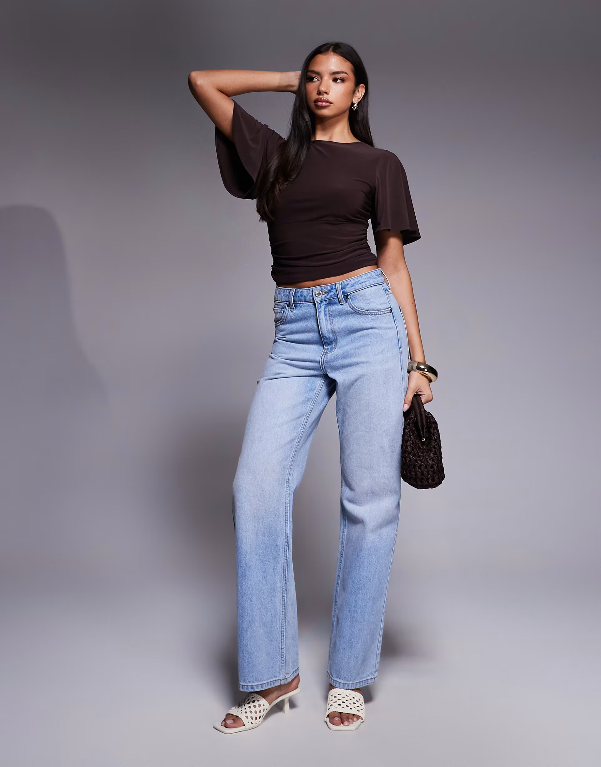 ASOS DESIGN floaty sleeve top with cinched waist detail in brown | ASOS | ASOS (Global)