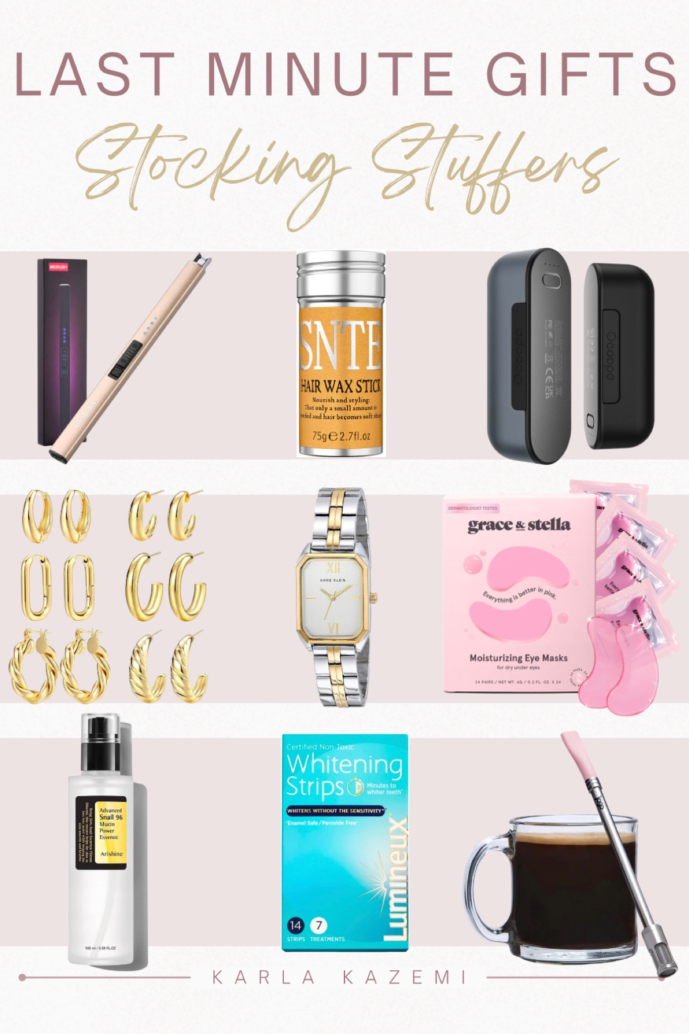 Last minute Christmas shopping is almost inevitable at times! I got you covered with super cute and popular stocking stuffer ideas that get here before the 24th!🙌💕

✨flameless lighter/ electric lighter
✨hair wax stick
✨portable and rechargeable hand warmers
✨pack of chic gold hoop earrings
✨silver and gold dainty, classic, chic watch
✨under eye patches
✨snail mucin serum
✨teeth white ring strips 
✨portable coffee/tea brewing straw 





Gifts, last minute gifts, gifts for her, deals, gifts in deal, gift guide teen girl, gift guide for her, last minute gift for her, stocking stuffer for her, Christmas gift, Christmas present, Amazon find.

#LTKHoliday #LTKfindsunder50 #LTKGiftGuide