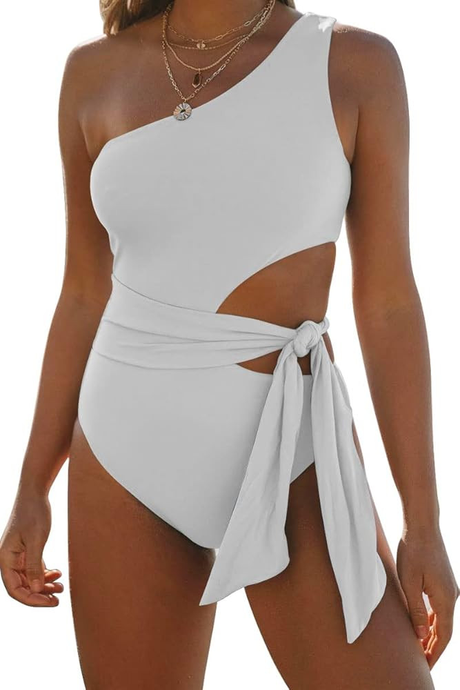 LILLUSORY Women One Shoulder Tummy Control Swimsuits Tie Side One Piece Monokinis Cut Out Sexy Bathi | Amazon (US)