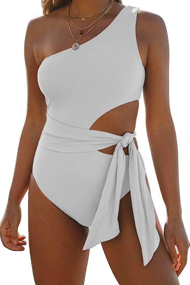 LILLUSORY Women One Shoulder Tummy Control Swimsuits Tie Side One Piece Monokinis Cut Out Sexy Bathi | Amazon (US)