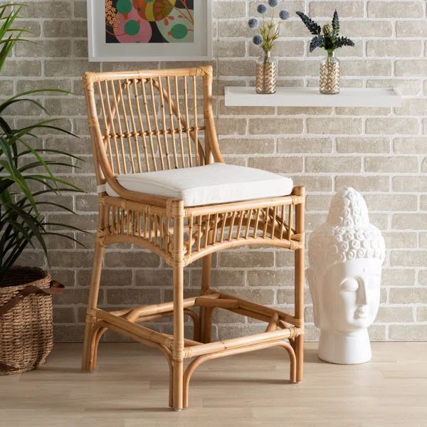 Rose Modern Bohemian White Fabric Upholstered And Natural Brown Rattan Counter Stool | Wayfair North America
